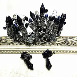Роскошные черные со стразами ручной работы диадема Корона и серьги комплект невесты Тиара для женщин Свадебные женские аксессуары для