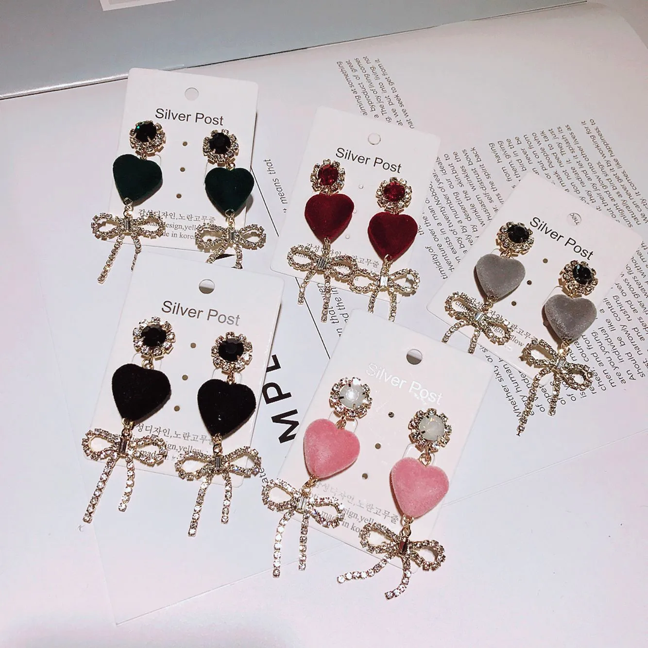 sweet velvet heart bow earring 925 silver post Hypoallergenic fadeless