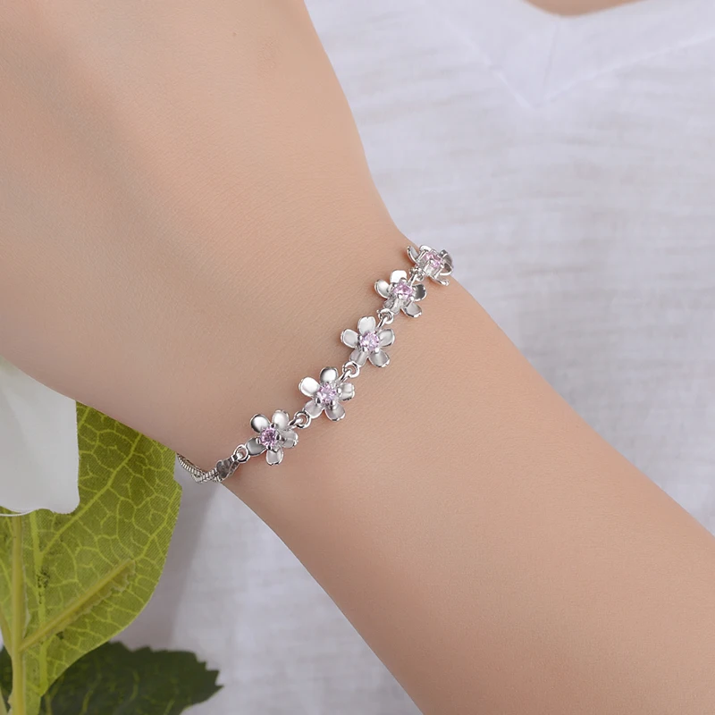 럭셔리  팔찌 보라색 지르코니아 매화 꽃 팔찌 & Bangles 여성용 Pulseira De Prata S-b51