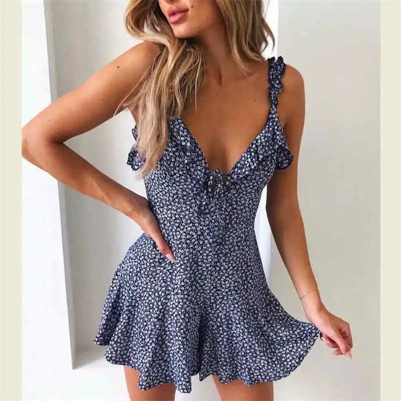 

Women Summer Casual Short Mini Dress Sleeveless Backless Boho Print Dresses Party Beach Floral Dress Sundress Clothings Clothes