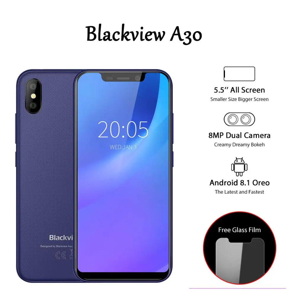 Blackview A30 3G Face ID Mobile Phone 5.5inch Android 8.1 Smartphone Quad Core 19:9 Full Screen Mob