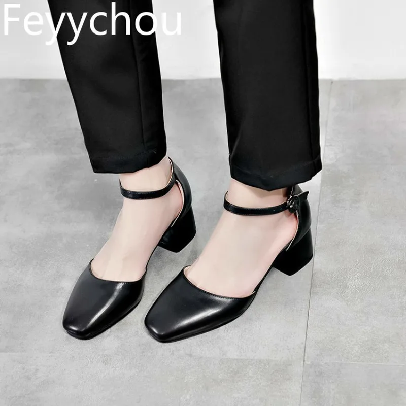 

Women's Pumps Med Heels Spring Autumn Pu Square Toe Buckle Thick Heel 2019 New Sexy Fashion Casual Party Gray Big Size 34-43
