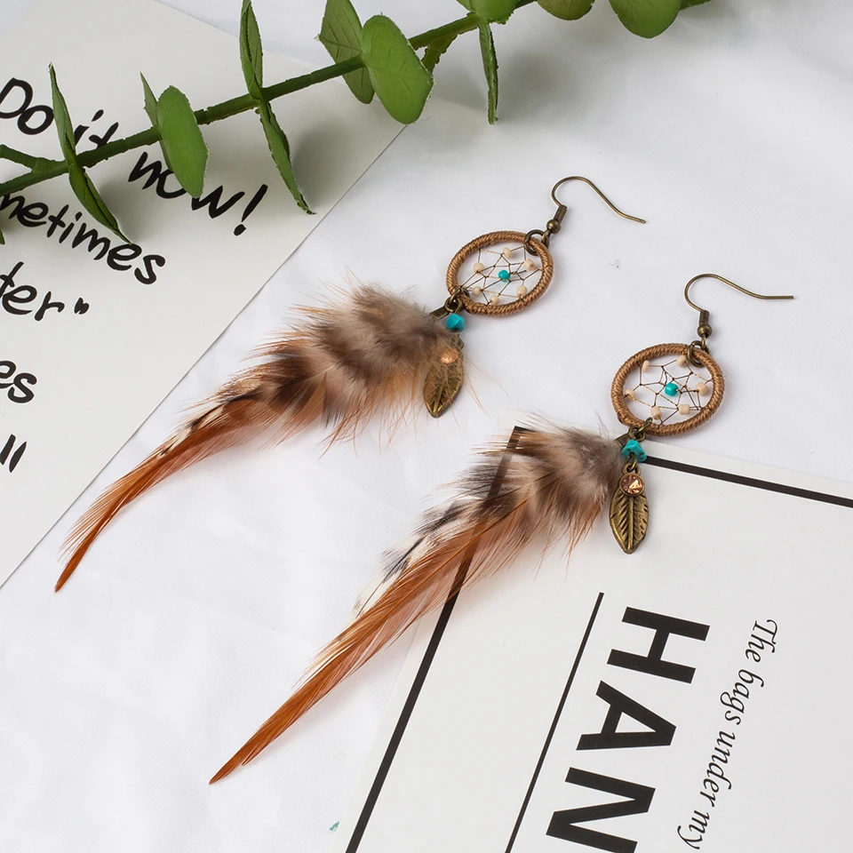2019 Dream Catcher Alloy Feather Drop Earrings For Women Boho Handmade Fashion Long Feather Earring Charm Party Jewellery Gift