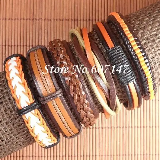 

6PCS Vintage brown wristband wholesale handmade genuine friendship leather bracelets men Pulseira Masculina Feminina-S111