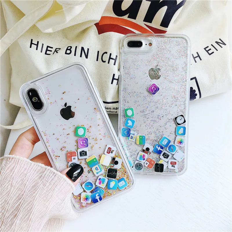 

Stylish Liquid Quicksand Funny App Icon Phone Cases coque For iphone X XS 8 7 6 6s plus PC+TPU soft Rhinestone border back cover