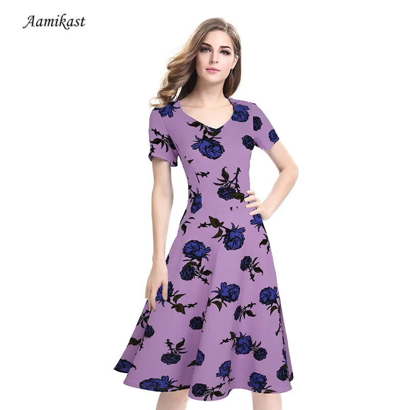 

Women Autumn Dresses V-neck Short Sleeve Vintage Style Rockabilly Floral Swing Bowknot Tunic Vestidos Spring Garden Party Picnic
