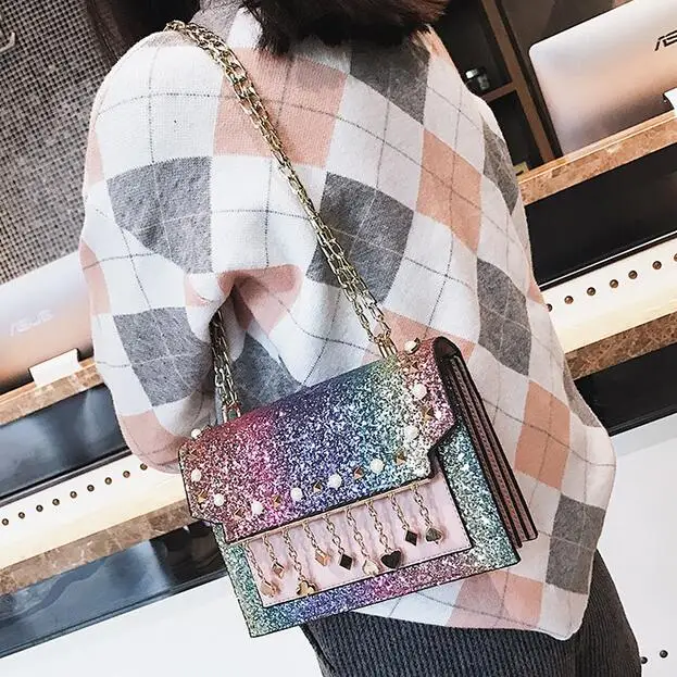 2018 PU Leather Women's Designer Handbag Fashion New Sequined Shoulder bags Fringed Rivets Messenger bag High-quality Chain bag 2018 PU Leather Women's Designer Handbag Fashion New Sequined Shoulder bags Fringed Rivets Messenger bag High-quality Chain bag