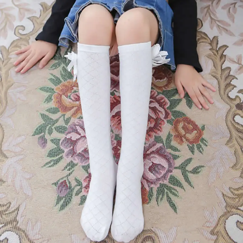 Весенне-осенние детские хлопковые чулки принцессы с бантом клетчатая сетка для девочек, прямые Детские хлопковые модные теплые ножки