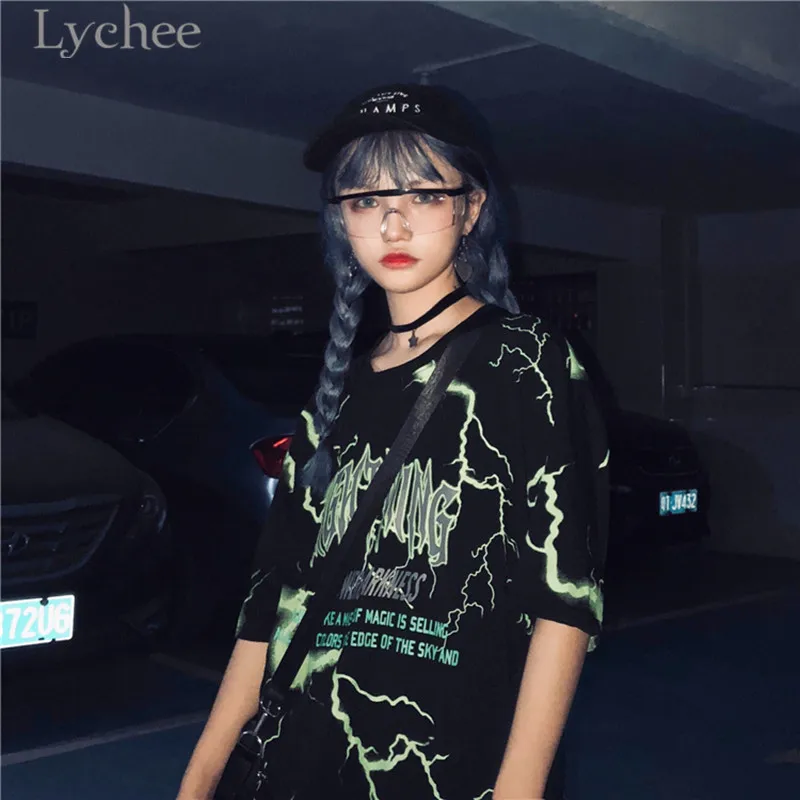 Lychee Harajuku, женская футболка с принтом молнии и буквами, Повседневная Свободная футболка с круглым вырезом и коротким рукавом, женская футболка