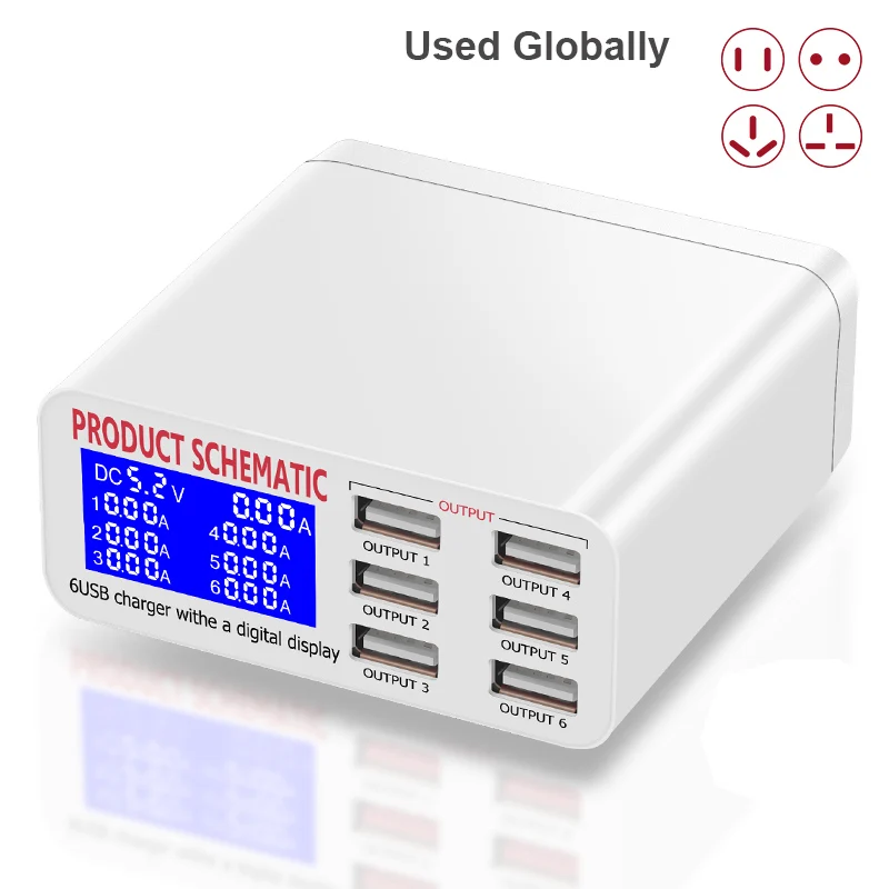 6 ميناء الذكية USB مهايئ شاحن محطة Hub LED عرض المحمول هاتف لوحي الجدار شاحن محول السفر العالمي الاتحاد الأوروبي الاتحاد الافريقي المملكة المتحدة...
