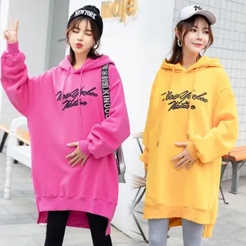 

Maternity Women Winter Hooded Long Sleeve Mid-long Hoodies New Moms Fashion Letters Loose Thick Warm Fleece Hoodies Dresses