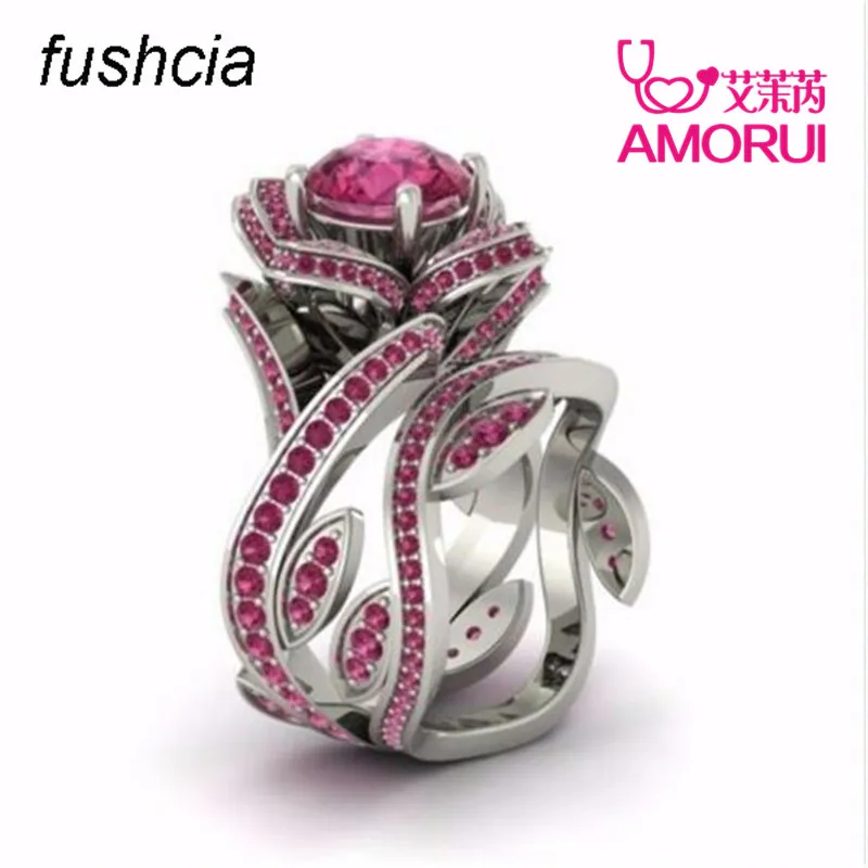 AMORUI New Fashion Silver Color Big Rose Flower Ring For Woman 12 Colors CZ Stone Wedding Rings Jewelry Gifts Dropshipping