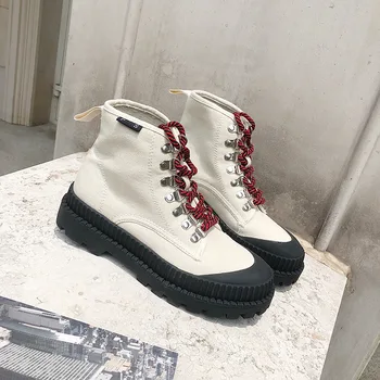 

Winter Motorcycle Ankle Boots Canvas Women Boots Fashion Work Shoes Black Round Toe Lace-Up Women Shoes Female Boots