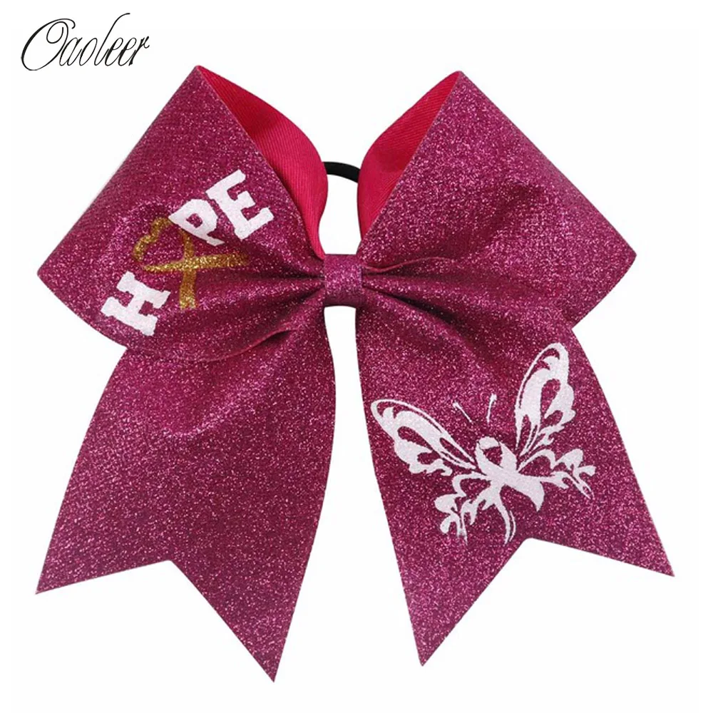 

Breast Cancel Awareness Cheer Bows for Girls 7'' Glitter Hair Holder Pink Ribbon Print Elastic Hair Scrunchies Hair Accessories