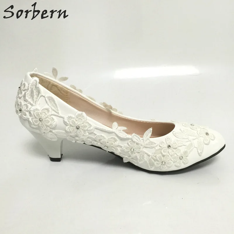 Sorbern/белые свадебные туфли с цветочным кружевом; свадебные туфли без застежки с круглым носком; женские туфли-лодочки на высоком каблуке; Закрытый круглый носок; 4,5 см/8 см