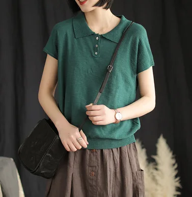 dark green Корейская женская летняя футболка с коротким рукавом Однотонная Ретро футболка с отложным воротником Женская Повседневная летняя футболка женская - Цвет: dark green