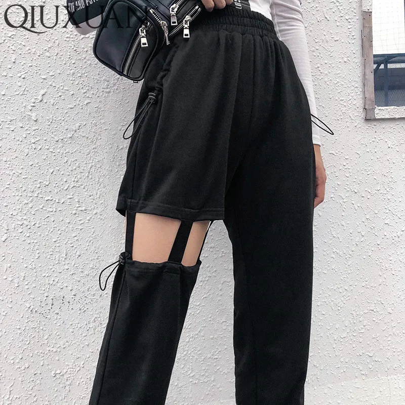 

QIUXUAN Streetwear Girls Hollow Out Suspenders Drawstring Design High Waist Pants Spring Fashion Casual Women Harem Pants