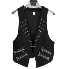 Мужские бар певица платье рокер панк топы корректирующие на молнии заклёпки черный жилет жилеты шпильки A469
