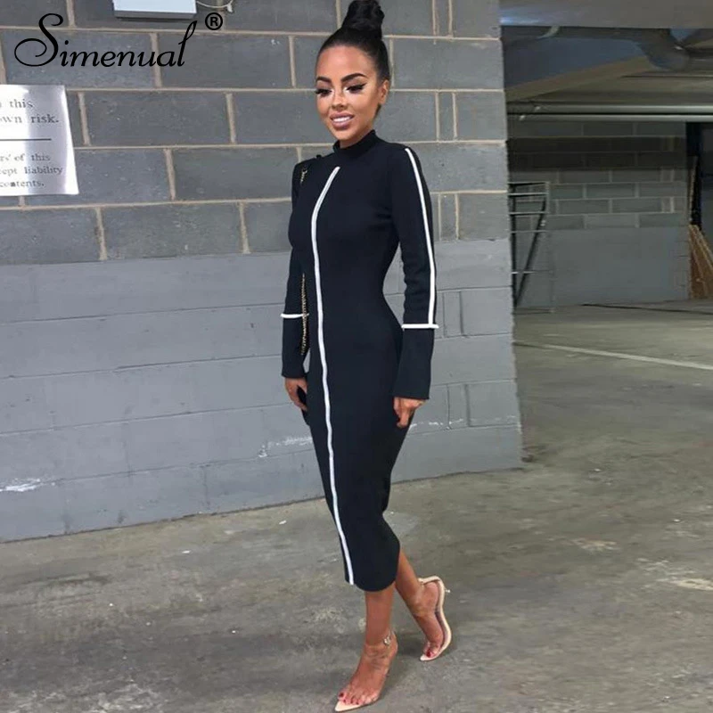 

Simenual Casual Bodycon Women Long Dress Fashion Full Sleeve Striped Patchwork Dresses Fashion Turtleneck Ladies Skinny Dresses