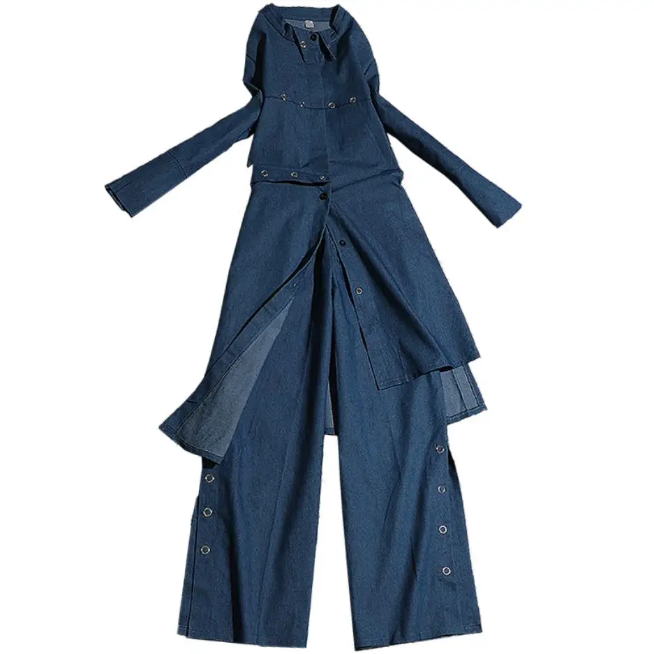 

2019 spring autumn new fashion two-piece sets women irregular long denim jacket +wide leg jeans