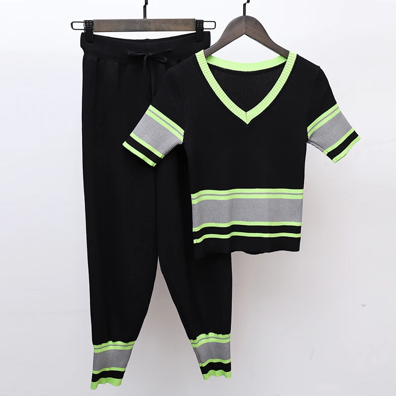 

New Summer Knit Tracksuit Chic 2019 Women Pant Suits Short Sleeve Hit Color Knitted Sport Tops + Elastic Waist Trousers Suits