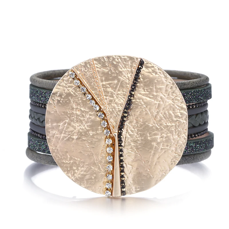 Amorcome кожаные браслеты для женщин круглые золотые цвета металлические очаровательные модные многослойные, в стиле бохо широкий браслет обруча женские ювелирные изделия