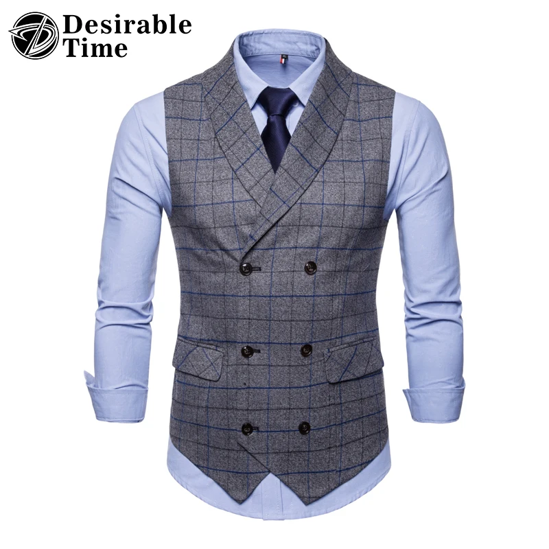 Double Breasted Suit Vest Men 3XL 4XL Fashion Mens Navy and Grey Plaid ...