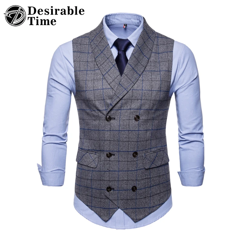 Double Breasted Suit Vest Men 3XL 4XL Fashion Mens Navy and Grey Plaid