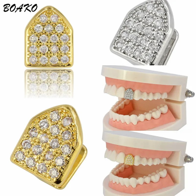 BOAKO Bling Teeth Grillz Топ и низ CZ грили зубные хип-хоп вампирские зубы шапки гриль рот Украшения для тела раппер вечерние подарок 1 шт