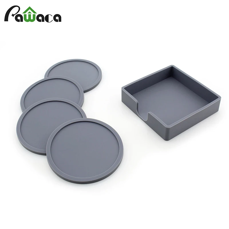 

4PCS Silicone Drink Coasters Set with Holder Round Non-slip Coffee Mug Cup Coasters Placemat Mat Pads Drink Holder Table Decor