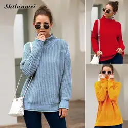 2019 модные осенне-зимние женские свитера, однотонный желтый джемпер, повседневный женский свитер, водолазка, длинный рукав, трикотаж