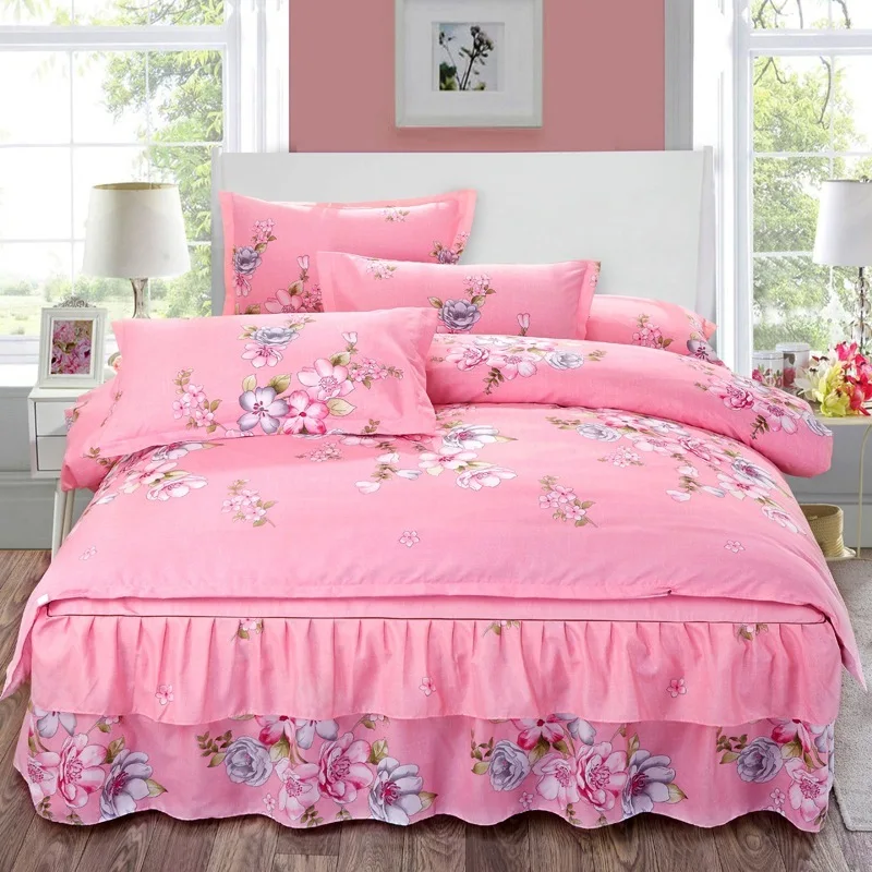 DeMissir Pink Floral Princess Bed Skirt Duvet Cover 2 Pillowcases Girl