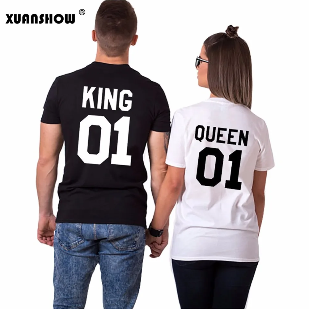 

XUANSHOW 2018 Casual Unisex Couple T-Shirts KawaiiLovers Casual Tops O-Neck King And Queen Printed Letters Tshirt Camiseta