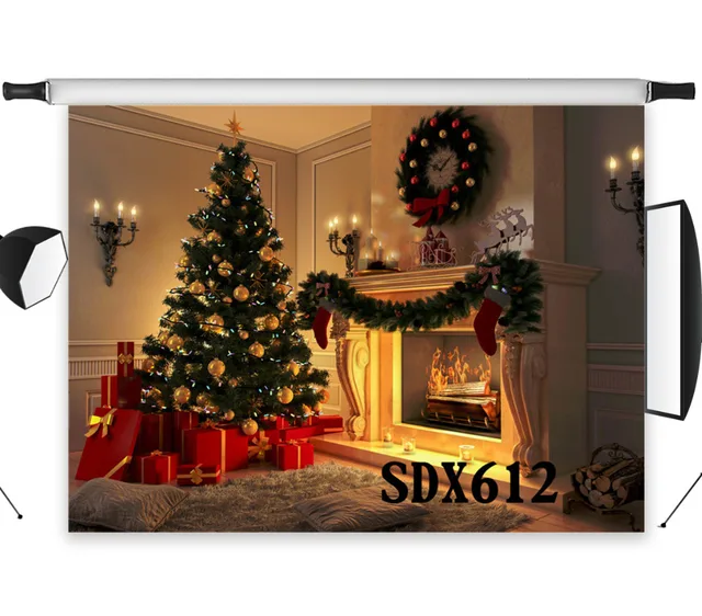 Polyester Vinyl Christmas Tree Warm Night Gifts Fireplace Polyester Vinyl Christmas Tree Warm Night Gifts Fireplace Mistletoe Ring Candles Photography Photo Background Studio