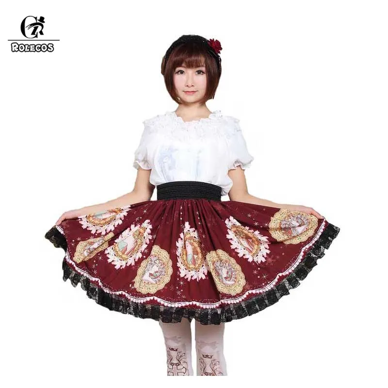 ROLECOS 2018 Vintage Afdrukken Lolita Rok Voor Vrouwen Geschenken Taille Elastische Korte Rok Vrouwelijke Cosplay SK ROLECOS 2018 Vintage Afdrukken Lolita Rok Voor Vrouwen Geschenken Taille Elastische Korte Rok Vrouwelijke Cosplay SK