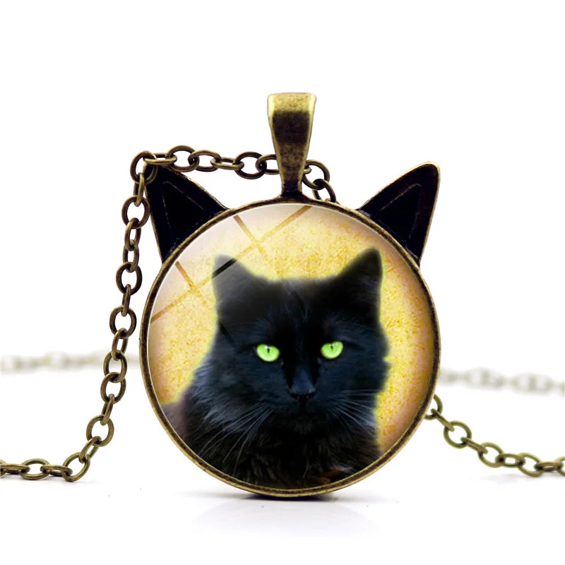 Unique Necklace Glass Cabochon Silver Bronze Chain Black Cat Picture Vintage Pendant For Women | Украшения и аксессуары