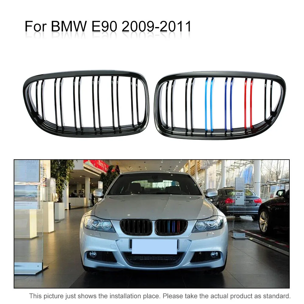 

For BMW E90 Pair of Gloss Black M-color Car Front Grille Grilles with Double Line 2009 2010 2011