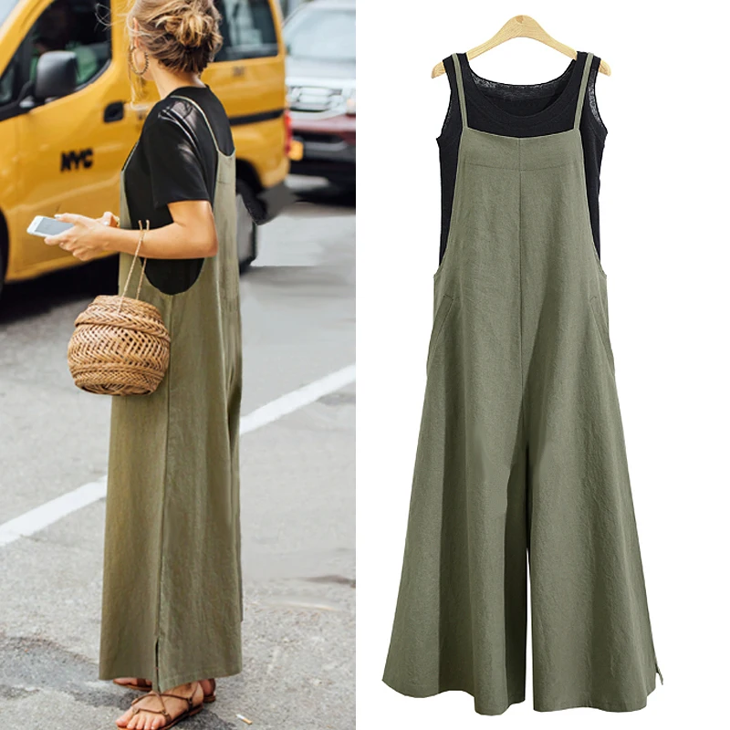Plus Size New Women Cotton Linen Pockets Long Wide Leg Romper Strappy Dungaree Bib Overalls Casual Loose Solid Jumpsuit Trousers