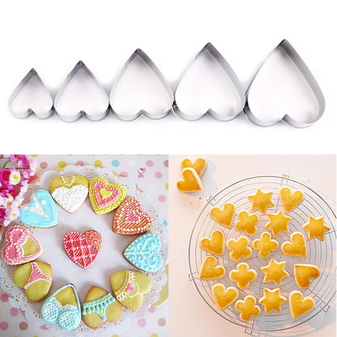 

Kitchen Cake 5pcs/set Heart Shape Stainless Steel Cookie Cutter Baking Tool DIY Fondant Cake Mold Chocolate Soap Fruit Stencils