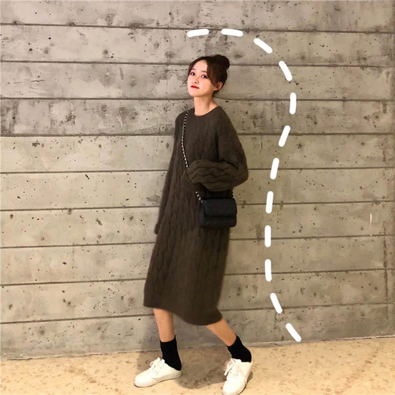 OLN Women's Sweater Skirt Loose Long Thick Twist Pullovers Over The Knee Sweater Skirt The Bottom Knitted Wool Dress Winter 1287