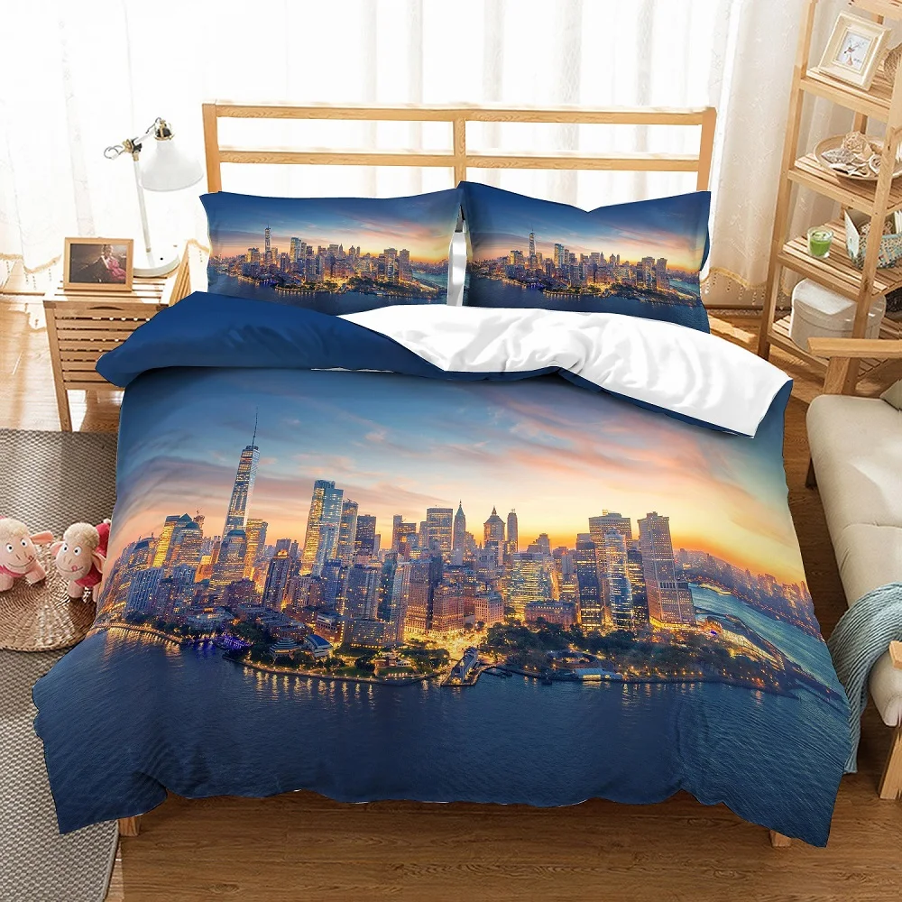 

3PCS City View of New York Bedding Set 3D Digital Night View by Sunset Gold Glow River Building Modern Boy/Girl Duvet Cover Set