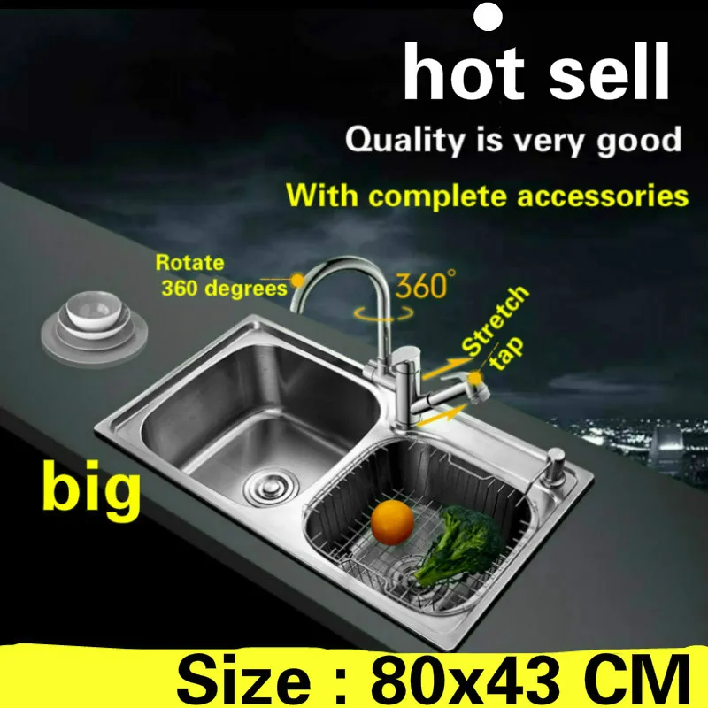 

Free shipping 304 stainless steel double groove big kitchen sink wiredrawing xiancai basins 80x43 CM