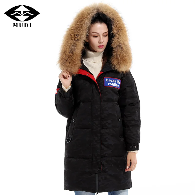 Муди женские Подпушка пальто Одежда высшего качества Куртка–пуховик на 90% белом утином пуху с Мех животных капюшон Длинная зимняя куртка