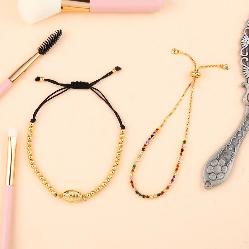 FLOLA Bohemian Puka Shell Bracelet Girls CZ Rainbow Cross Tennis Bracelet Gold Plated Jewelry Cowrie Shell pulseras mujer brtb59 bracelet jewelry