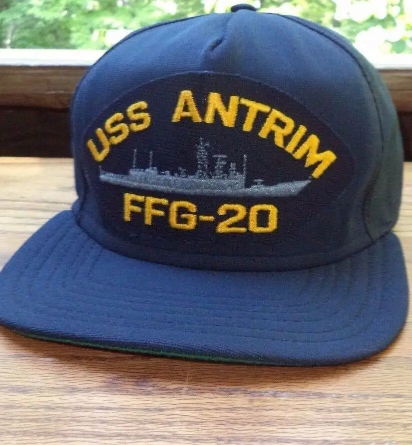 Печатная USS ANTRIM шляпа Кепка Memorial Day Snapback военный корабль Vtg США темно-синий желтый |