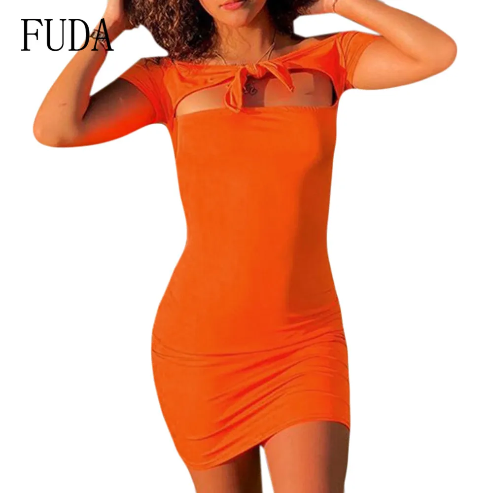 

FUDA Orange Front Chest Tie Slim Mini Dress Sexy Hollow Out Bodycon Bandage Pencil Dress Women Summer Elegant Party Wear