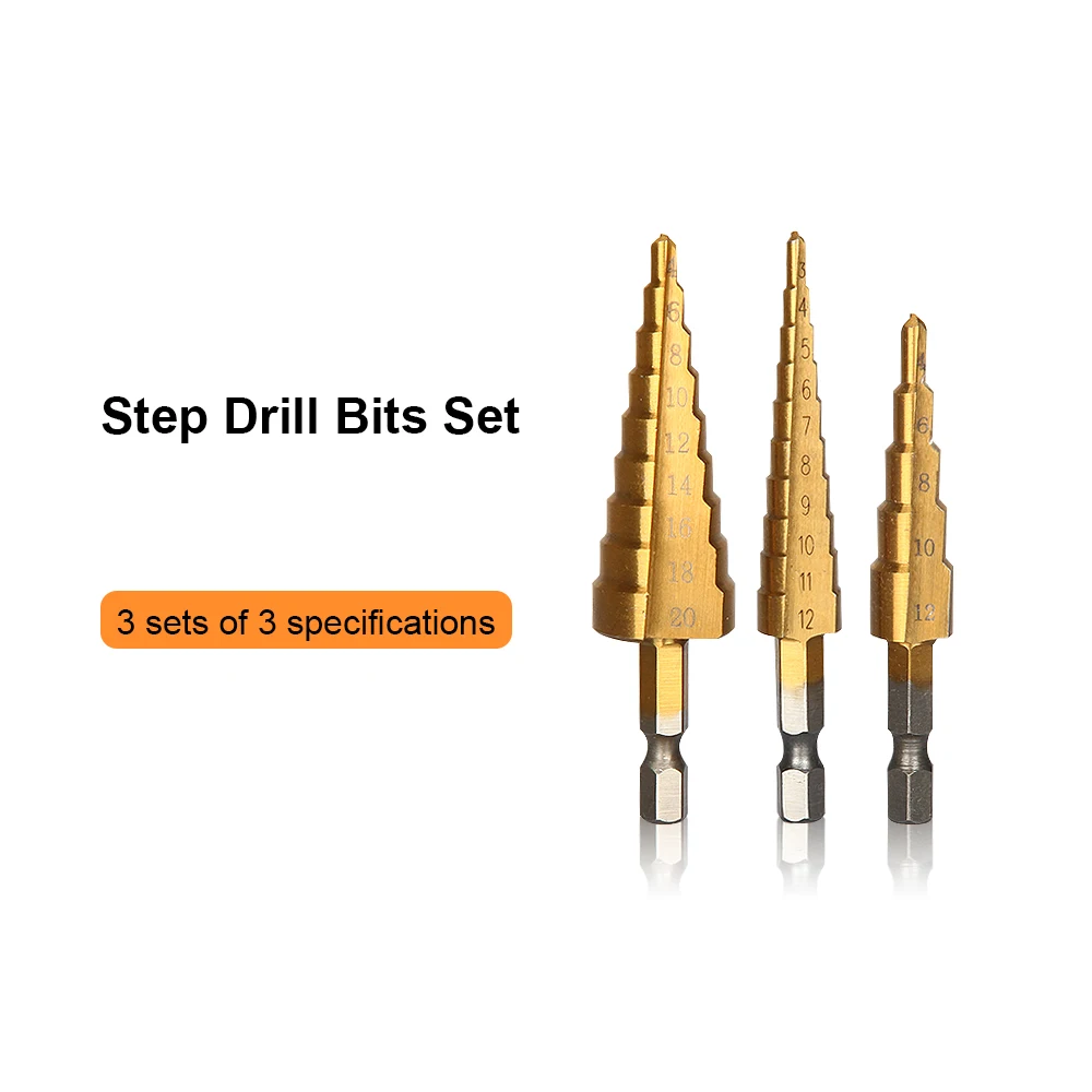 Набор ступенчатых сверл JelBo с титановым покрытием, 3 шт., 3-12 мм, 4-12 мм, 4-20 мм, ступенчатое сверло, сверление по дереву, электроинструменты, открывалка для металлических отверстий - Цвет: Step Drill Bit
