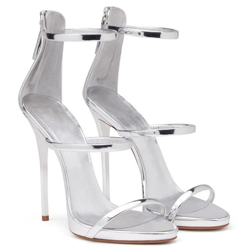 silver three strap heels