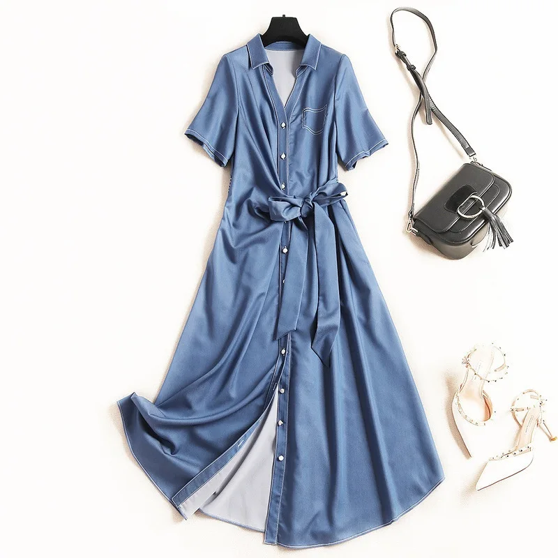 Women denim jeans summer dress short sleeve twist bow waist turn down collar a-line casual shirt dresses new 2019