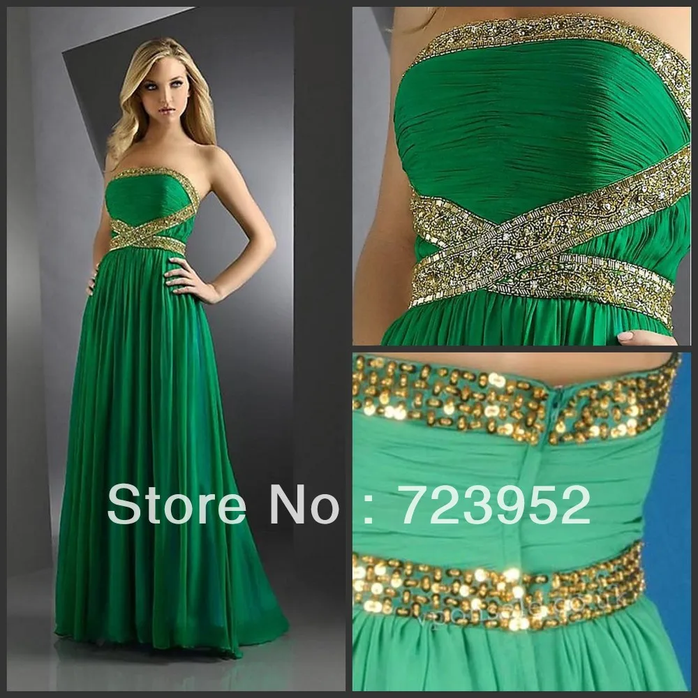 2013 Glamorous Rare Strapless Chiffon Gold beaded Lime green Hot Sale